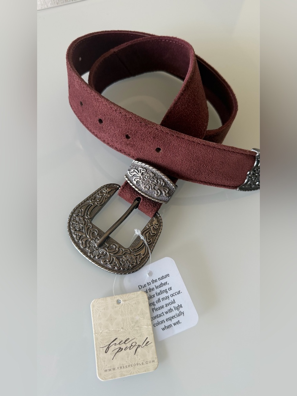 Free People Women’s  Suede, floral Buckle Belt in Burgundy